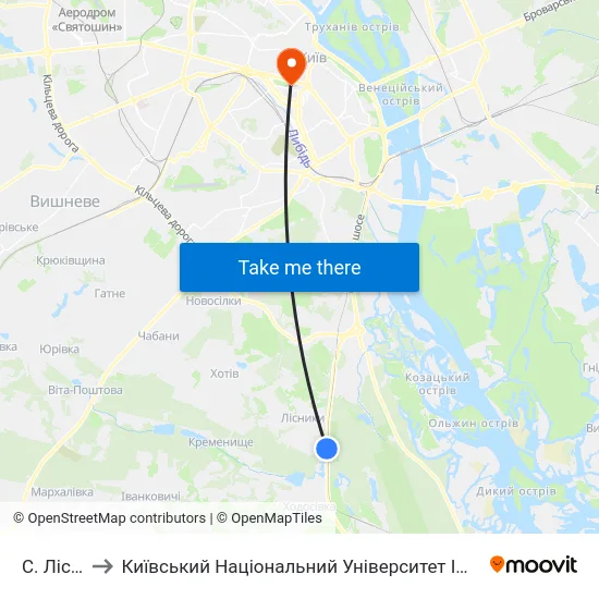 С. Лісники to Київський Національний Університет Імені Тараса Шевченка map