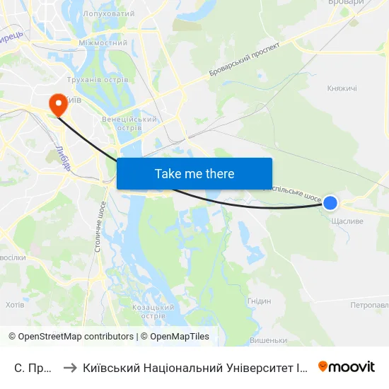 С. Проліски to Київський Національний Університет Імені Тараса Шевченка map
