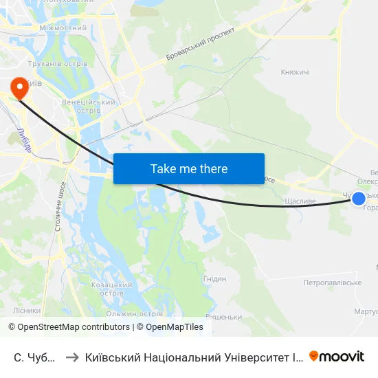 С. Чубинське to Київський Національний Університет Імені Тараса Шевченка map