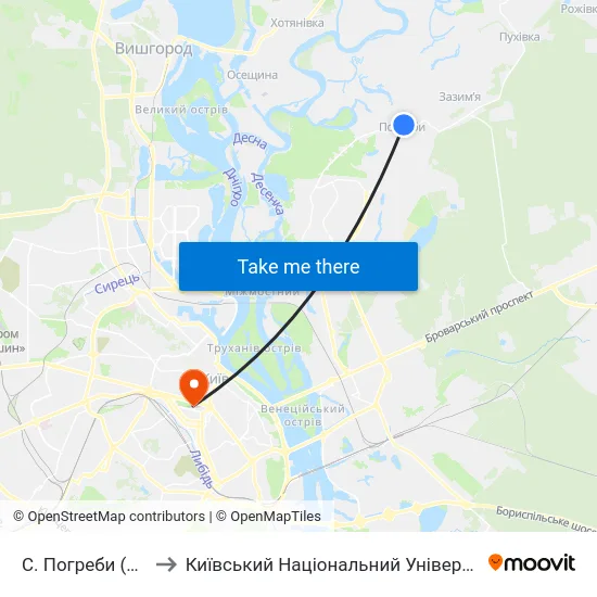С. Погреби (Вул. Соборна) to Київський Національний Університет Імені Тараса Шевченка map