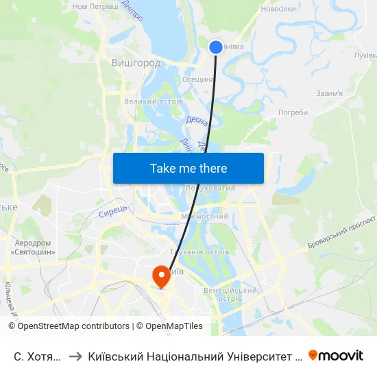 С. Хотянівка-1 to Київський Національний Університет Імені Тараса Шевченка map