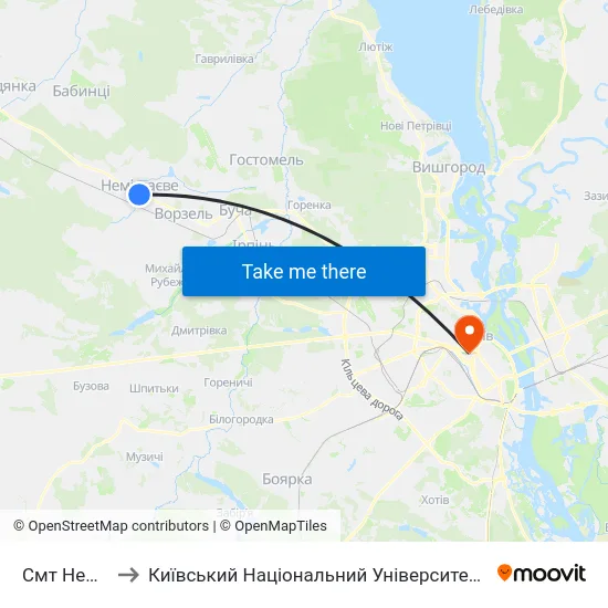 Смт Немішаєве to Київський Національний Університет Імені Тараса Шевченка map