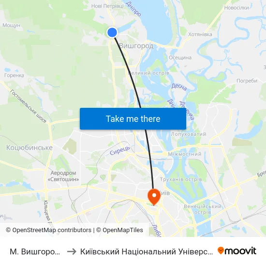 М. Вишгород (Дідовиця) to Київський Національний Університет Імені Тараса Шевченка map