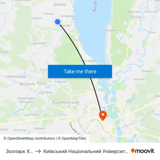 Зоопарк XII Місяців to Київський Національний Університет Імені Тараса Шевченка map