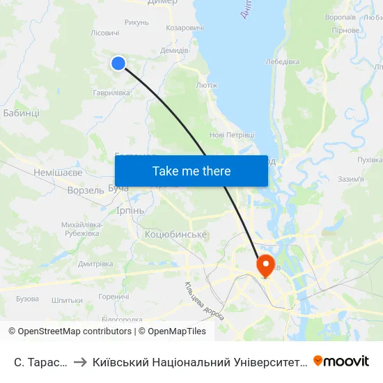 С. Тарасівщина to Київський Національний Університет Імені Тараса Шевченка map