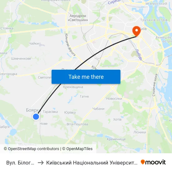 Вул. Білогородська to Київський Національний Університет Імені Тараса Шевченка map