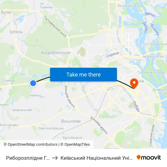 Риборозплідне Господарство Нивка to Київський Національний Університет Імені Тараса Шевченка map