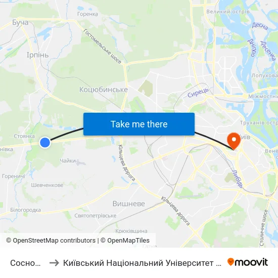 Сосновий Бір to Київський Національний Університет Імені Тараса Шевченка map
