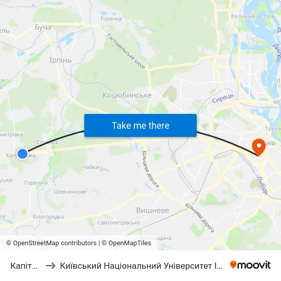Капітанівка to Київський Національний Університет Імені Тараса Шевченка map