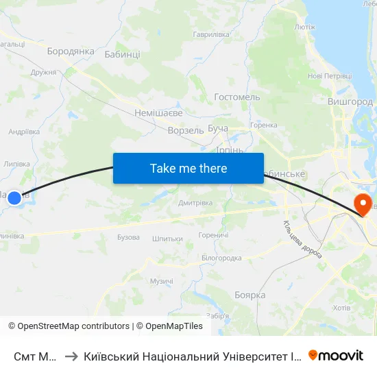 Смт Макарів to Київський Національний Університет Імені Тараса Шевченка map