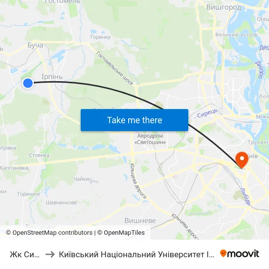 Жк Синергія to Київський Національний Університет Імені Тараса Шевченка map