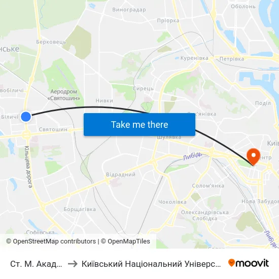 Ст. М. Академмістечко to Київський Національний Університет Імені Тараса Шевченка map