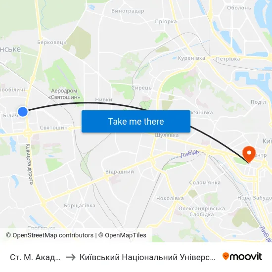 Ст. М. Академмістечко to Київський Національний Університет Імені Тараса Шевченка map