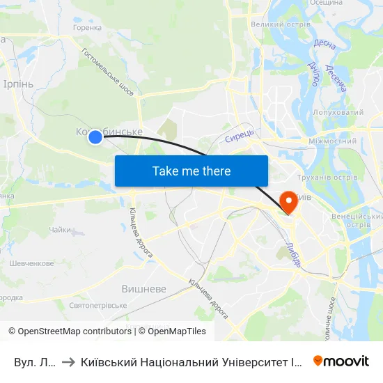 Вул. Лісова to Київський Національний Університет Імені Тараса Шевченка map