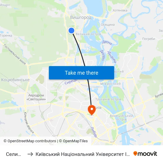 Селище Двс to Київський Національний Університет Імені Тараса Шевченка map