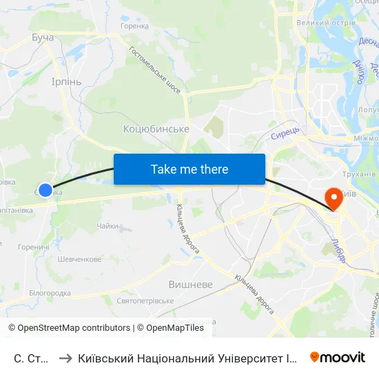 С. Стоянка to Київський Національний Університет Імені Тараса Шевченка map