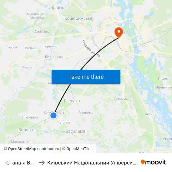 Станція Васильків-1 to Київський Національний Університет Імені Тараса Шевченка map