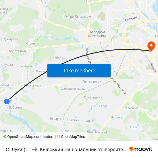 С. Лука (Церква) to Київський Національний Університет Імені Тараса Шевченка map