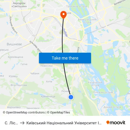 С. Лісники to Київський Національний Університет Імені Тараса Шевченка map