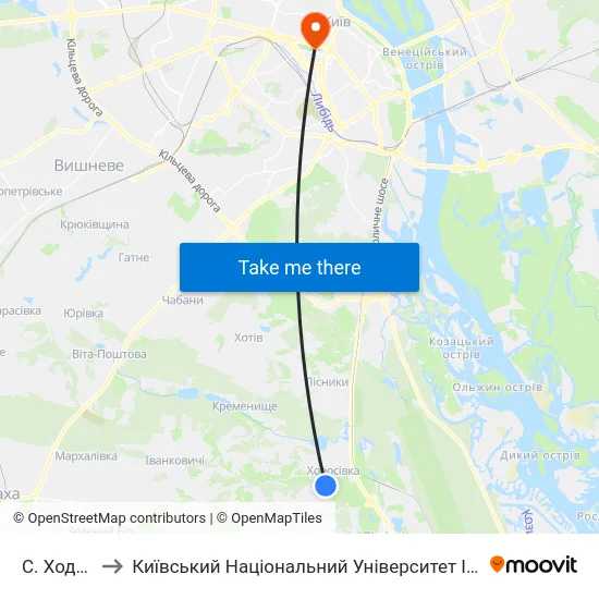 С. Ходосівка to Київський Національний Університет Імені Тараса Шевченка map