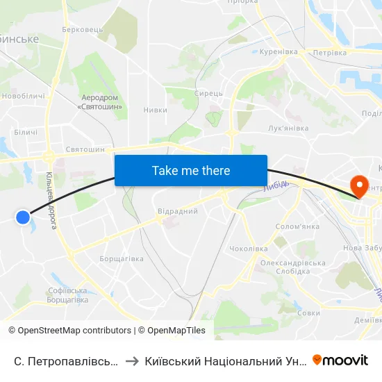 С. Петропавлівська Борщагівка (Центр) to Київський Національний Університет Імені Тараса Шевченка map