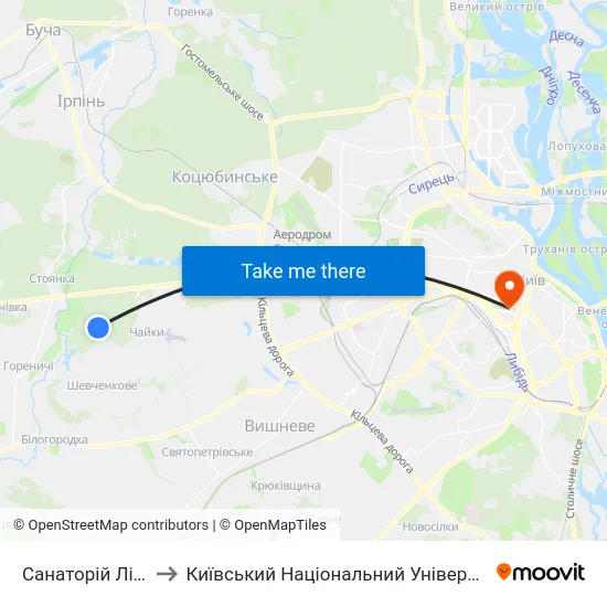 Санаторій Лісова Поляна to Київський Національний Університет Імені Тараса Шевченка map