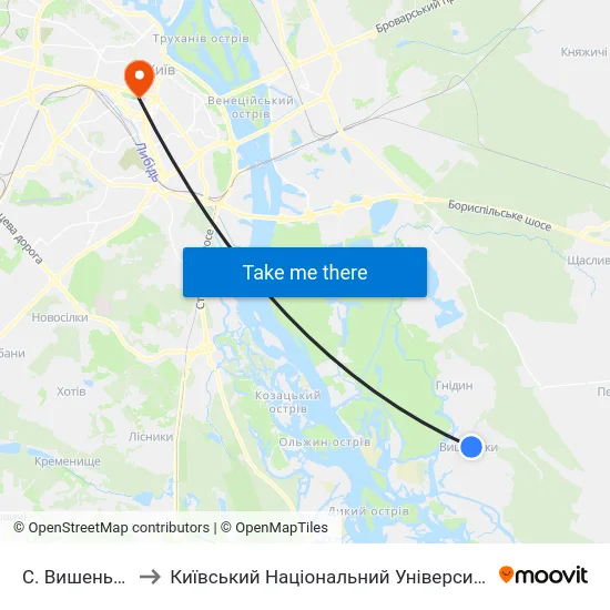 С. Вишеньки (Центр) to Київський Національний Університет Імені Тараса Шевченка map