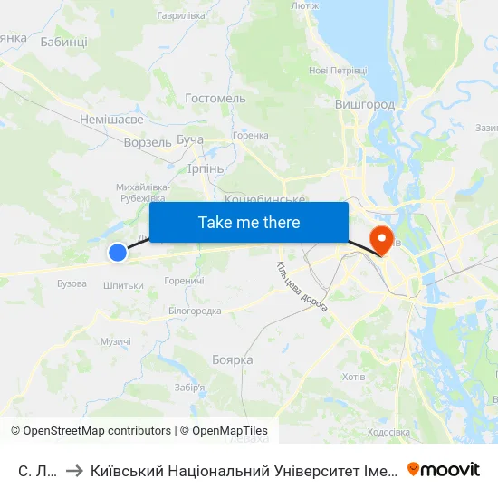С. Лісне to Київський Національний Університет Імені Тараса Шевченка map