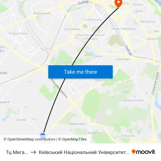 Тц Мегамаркет to Київський Національний Університет Імені Тараса Шевченка map