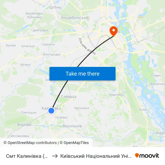 Смт Калинівка (Станція Васильків-1) to Київський Національний Університет Імені Тараса Шевченка map