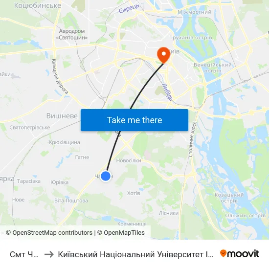 Смт Чабани to Київський Національний Університет Імені Тараса Шевченка map