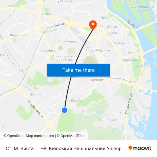 Ст. М. Виставковий Центр to Київський Національний Університет Імені Тараса Шевченка map