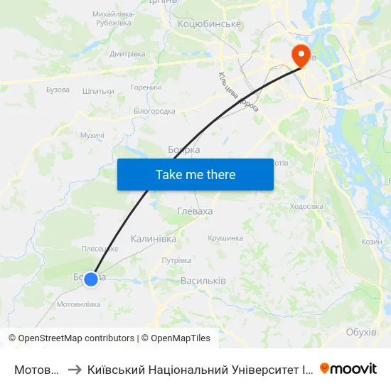 Мотовилівка to Київський Національний Університет Імені Тараса Шевченка map