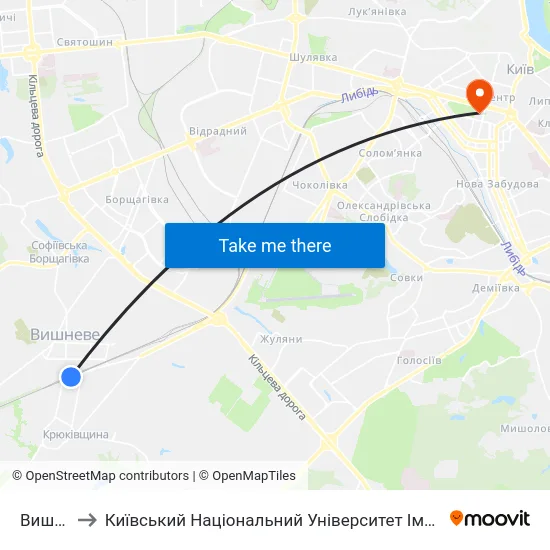 Вишневе to Київський Національний Університет Імені Тараса Шевченка map