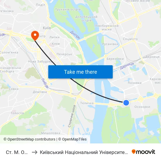 Ст. М. Осокорки to Київський Національний Університет Імені Тараса Шевченка map
