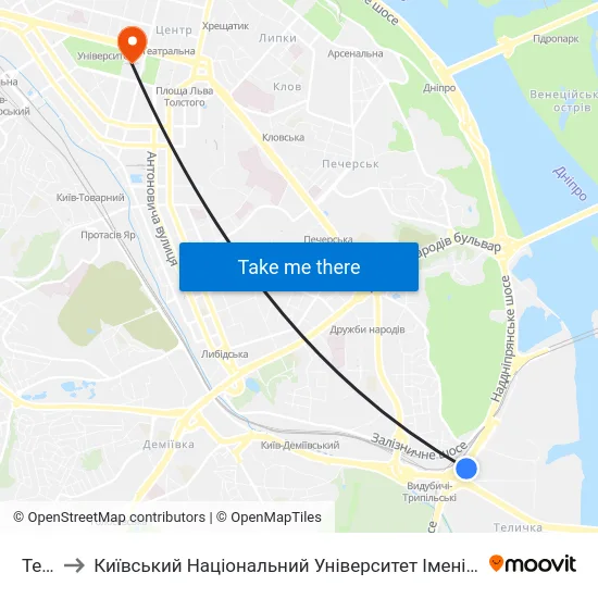 Тец-5 to Київський Національний Університет Імені Тараса Шевченка map