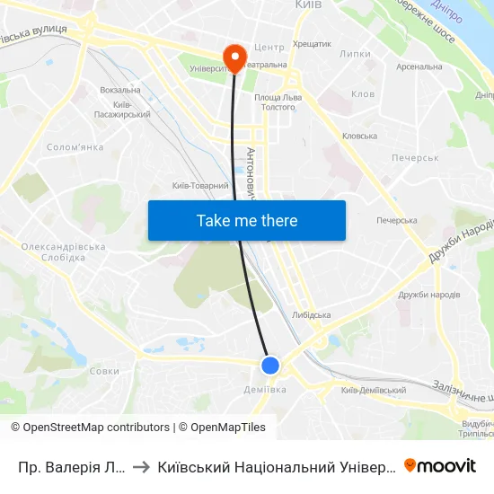 Пр. Валерія Лобановського to Київський Національний Університет Імені Тараса Шевченка map