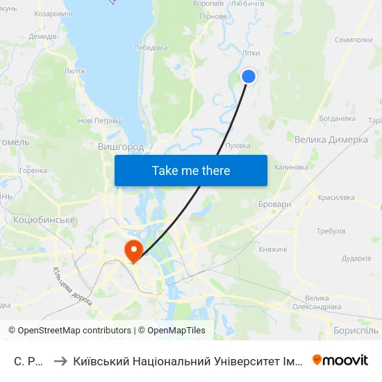 С. Рожни to Київський Національний Університет Імені Тараса Шевченка map