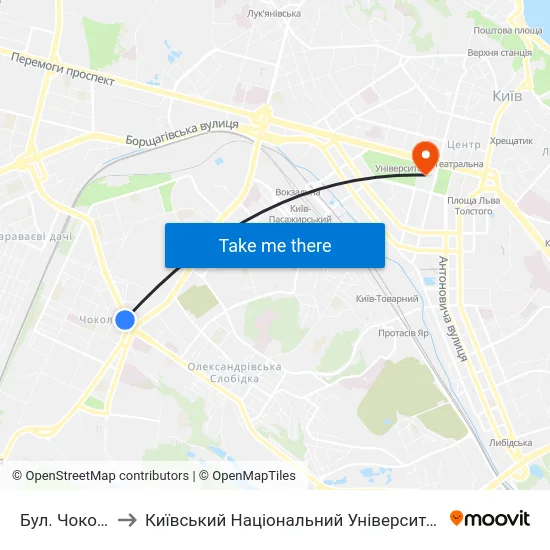 Бул. Чоколівський to Київський Національний Університет Імені Тараса Шевченка map