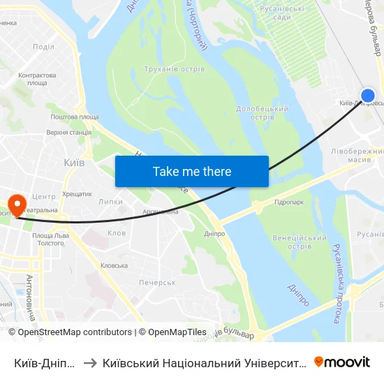 Київ-Дніпровський to Київський Національний Університет Імені Тараса Шевченка map