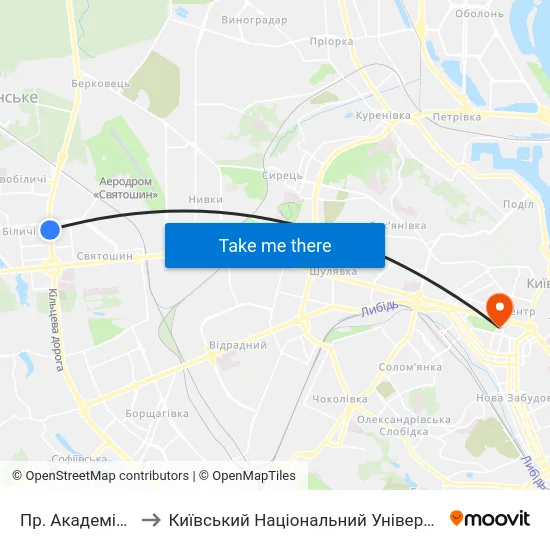 Пр. Академіка Палладіна to Київський Національний Університет Імені Тараса Шевченка map