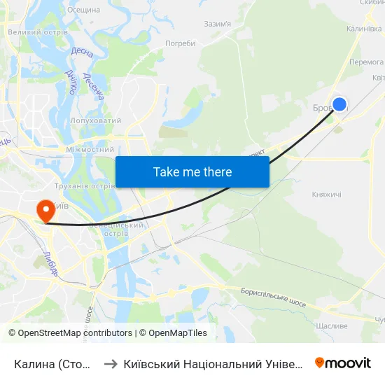 Калина (Стоматполіклініка) to Київський Національний Університет Імені Тараса Шевченка map