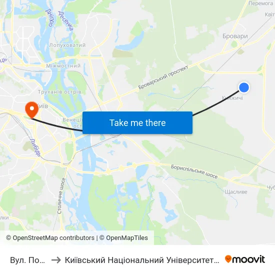 Вул. Поповича to Київський Національний Університет Імені Тараса Шевченка map