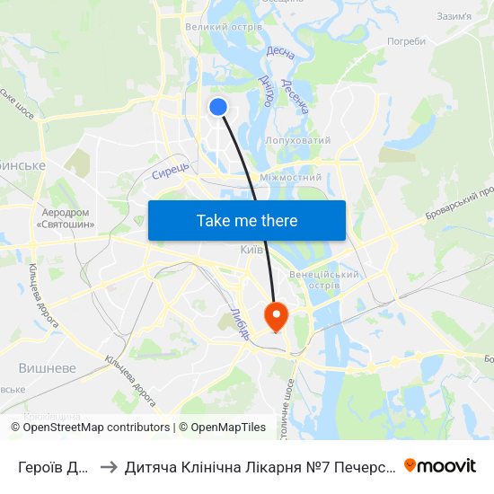 Героїв Дніпра to Дитяча Клінічна Лікарня №7 Печерського Району map