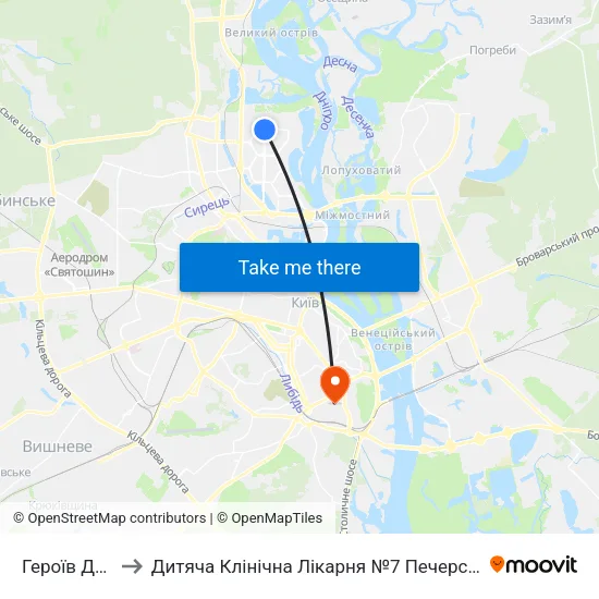 Героїв Дніпра to Дитяча Клінічна Лікарня №7 Печерського Району map