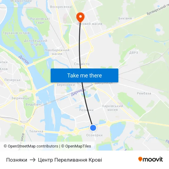 Позняки to Центр Переливання Крові map