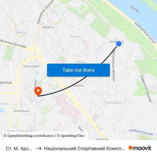 Ст. М. Арсенальна to Національний Спортивний Комплекс «Олімпійський» map