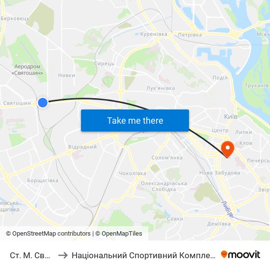 Ст. М. Святошин to Національний Спортивний Комплекс «Олімпійський» map