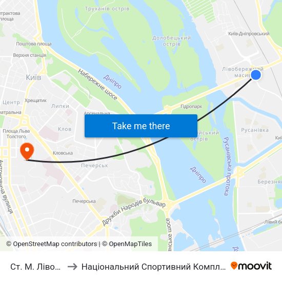 Ст. М. Лівобережна to Національний Спортивний Комплекс «Олімпійський» map