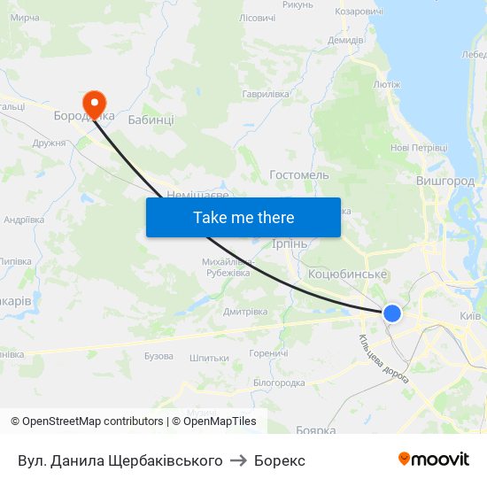 Вул. Данила Щербаківського to Борекс map